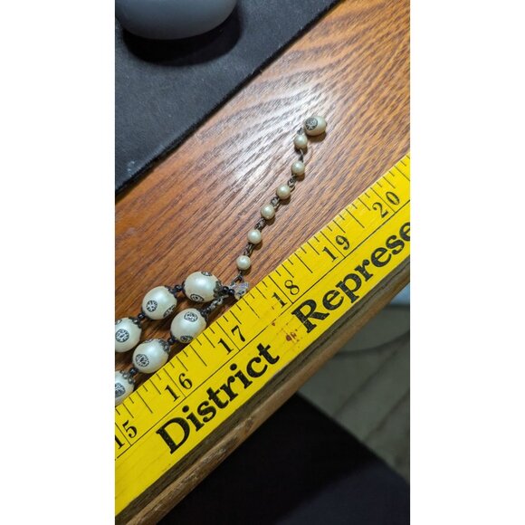 Handcrafted Double-Strand Cream Bead Necklace  Black Accents Floral Etched - Picture 6 of 6